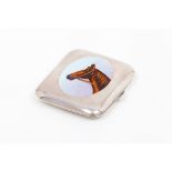 A cigarette caseEuropean silver Plain body of enamelled decoration with horse's head Stamped 900/