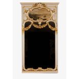 A large mirrorCarved, painted and gilt frame of floral and garlands decoration Painted cartouche