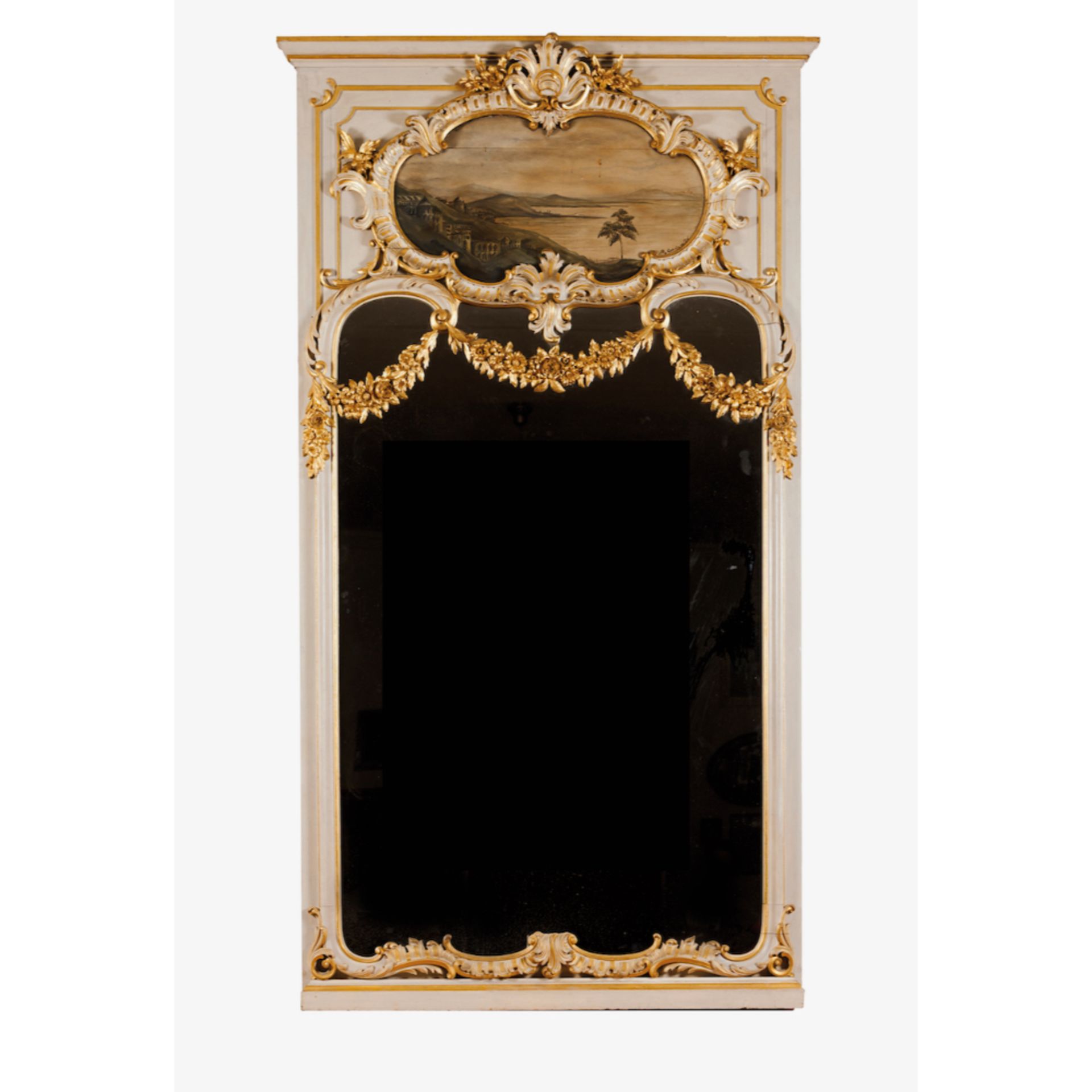 A large mirrorCarved, painted and gilt frame of floral and garlands decoration Painted cartouche
