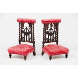 A pair of neogothic prayer chairsDarkened wood Cross carved decoration, velvet seat and cushion
