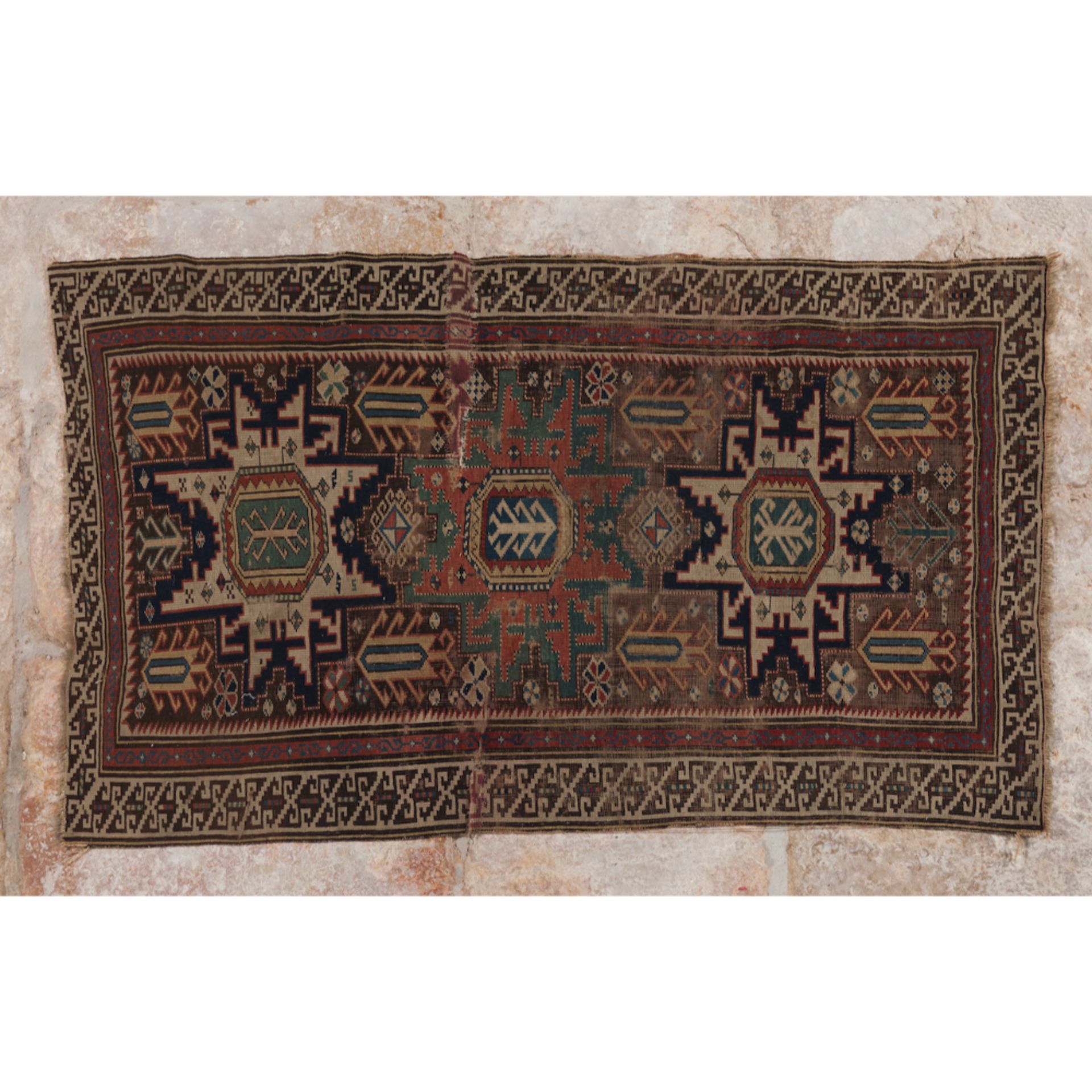 A shirwan rug, Russian wood and cotton Geometric design in shades of burgundy, green and blue (signs