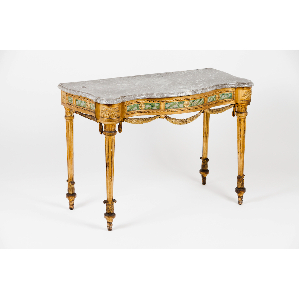 A pair of Neoclassical console tablesWood Gilt, carved and marbled decoration Grey marble