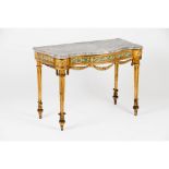 A pair of Neoclassical console tablesWood Gilt, carved and marbled decoration Grey marble