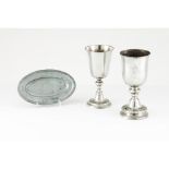 A group of three piecesTwo chalices and an oval tray Pewter Portugal, 19th centuryHeight: 24cm (