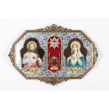 A votive printYellow metal frame with prints depicting the Sacred Heart of Jesus and the Sacred