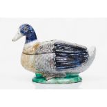 A "duck" tureen and coverFaience Polychrome decoration Europe, 20th century Unreadable mark to