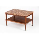 A centre tableSolid and veneered mahogany Marble shelf and top Metal fittings and caster feet