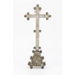 A Holy Land crossOlive wood Coated in mother-of-pearl plaques depicting The Crucifixion, The Holy