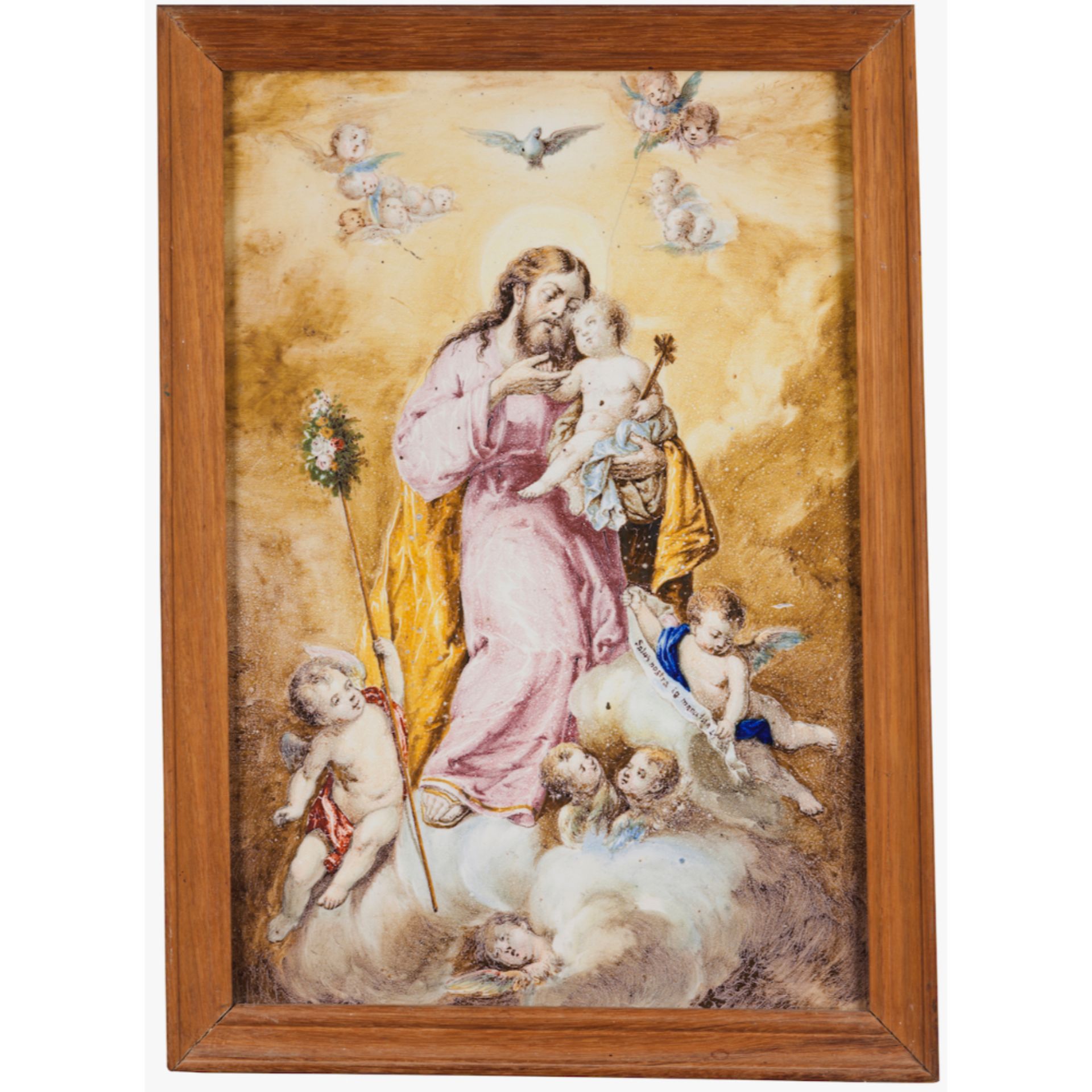 Saint Joseph and The ChildGlazed ceramic plaque Polychrome decoration Europe, 19th century (