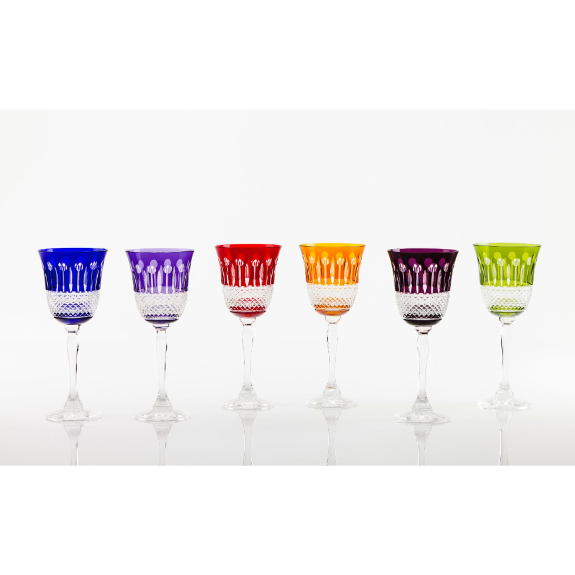 A set of 6 coloured "Roemers" crystal glasses