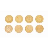 Eight 20 French Franc coins