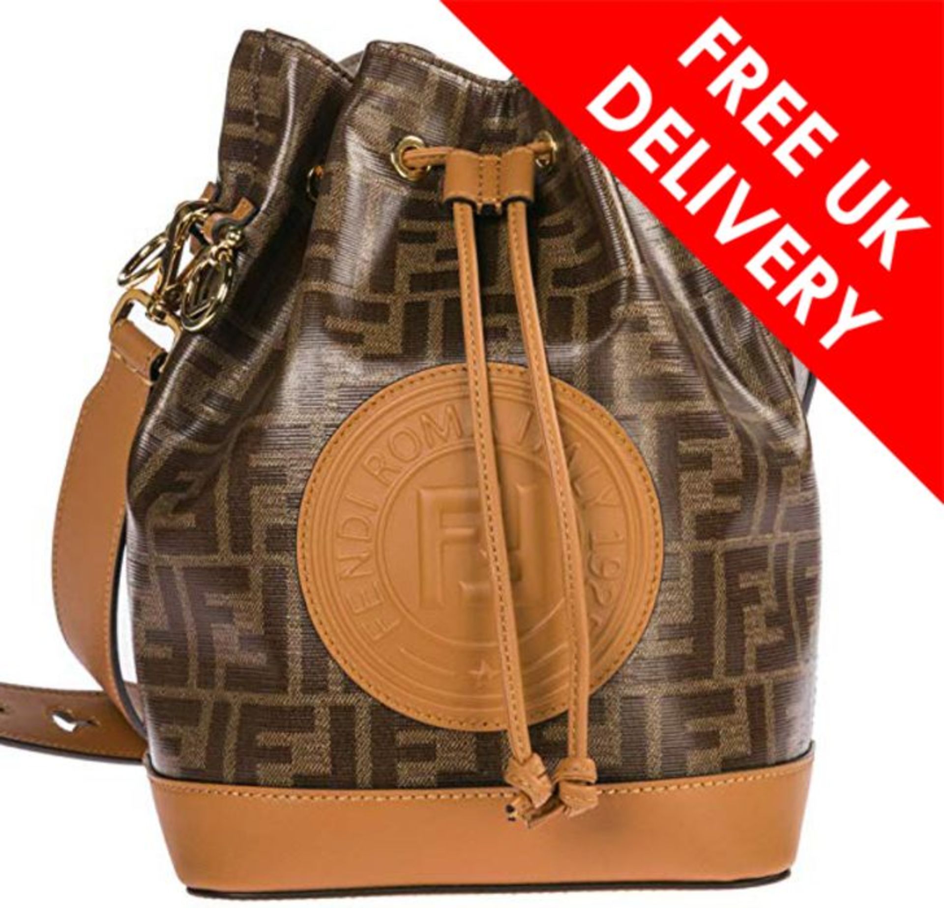 Fendi Mon Tresor Ladies Small Brown Fabric and Leather Bucket Bag