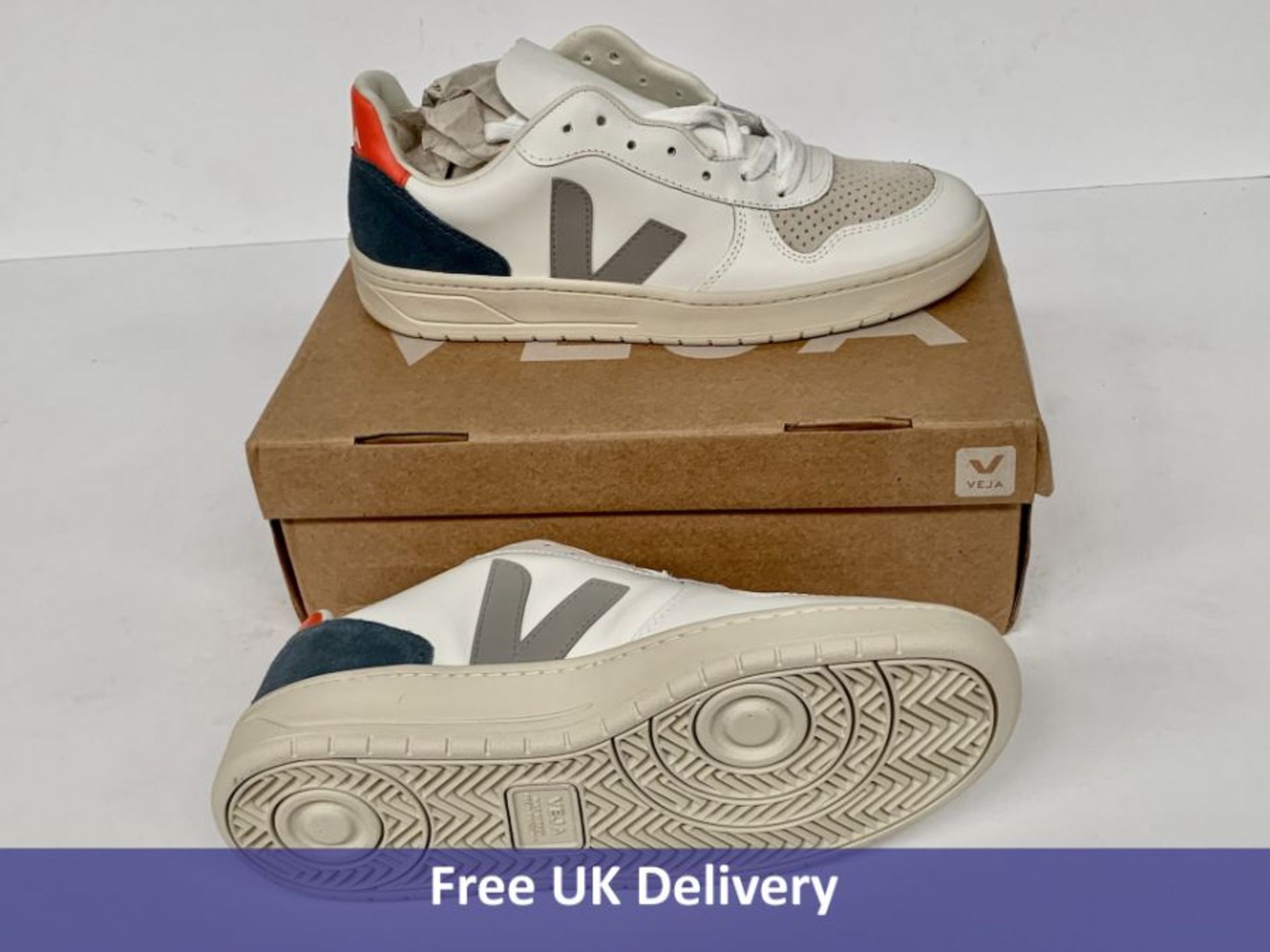 Veja Men's V-10 Leather Trainers, Extra White, Oxford Grey & Orange Fluor, UK 11