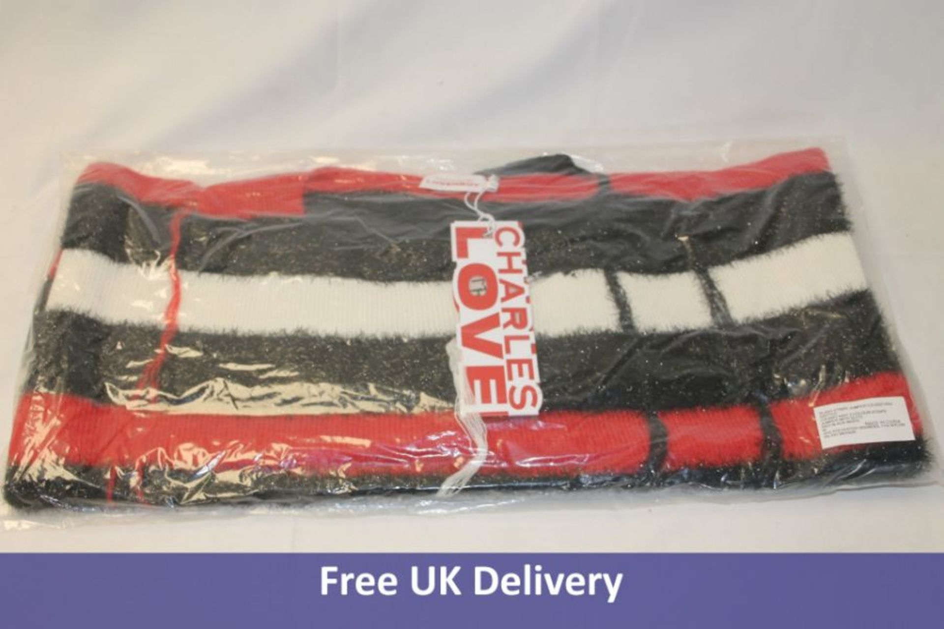 Charles Love Slash Stripe Jumper, Knitted, Chunky Knit 3 Colour Stripe with Slits, Red/Black/White,
