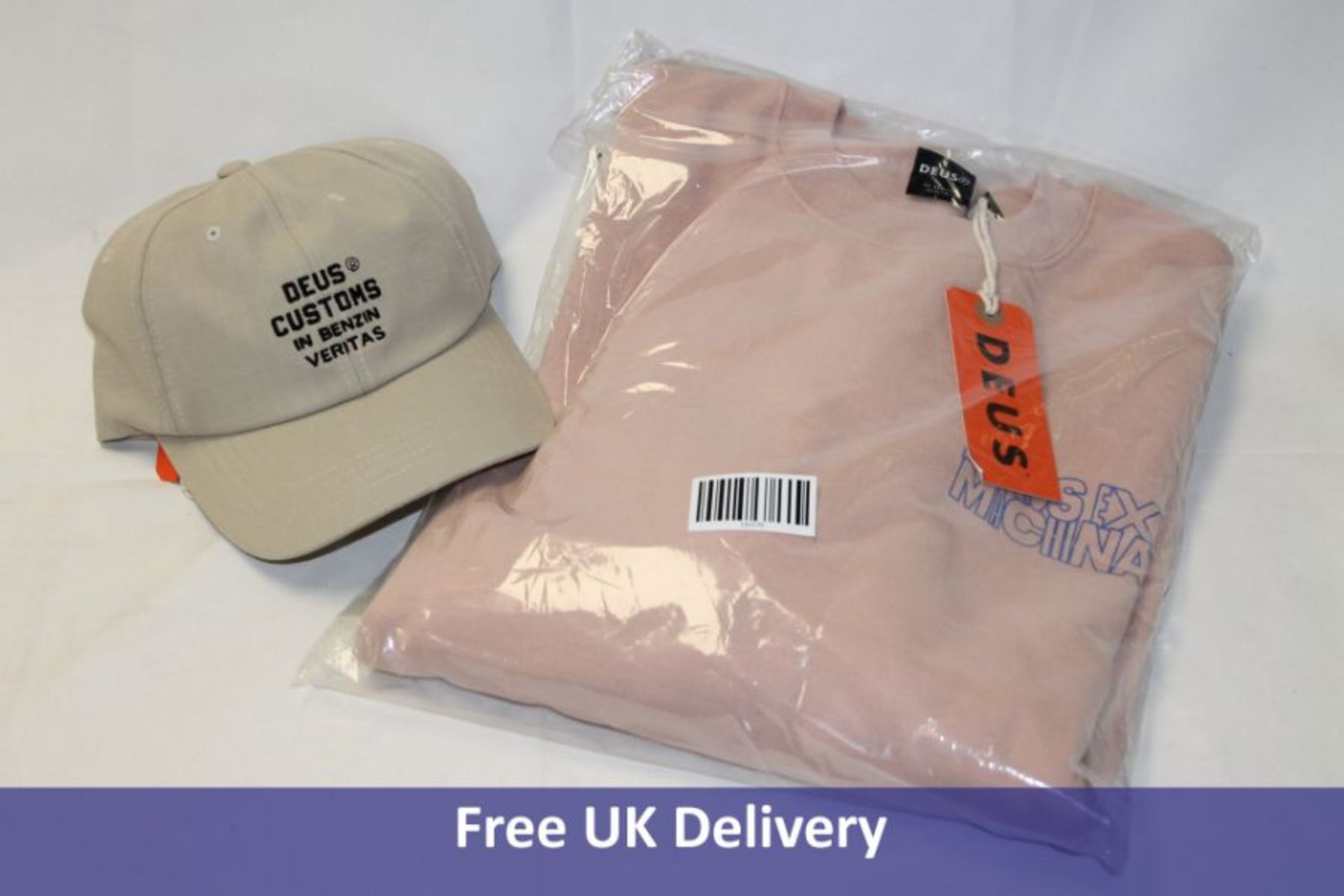 Deus Profound Crew Sweater, Dusty Pink, XL and 1x Riley Cap, Safari, One Size