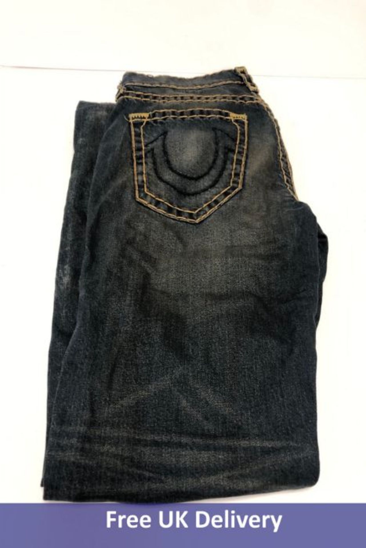 True Religion Jeans, Blue Wash with Brown Stitching, Waist 32