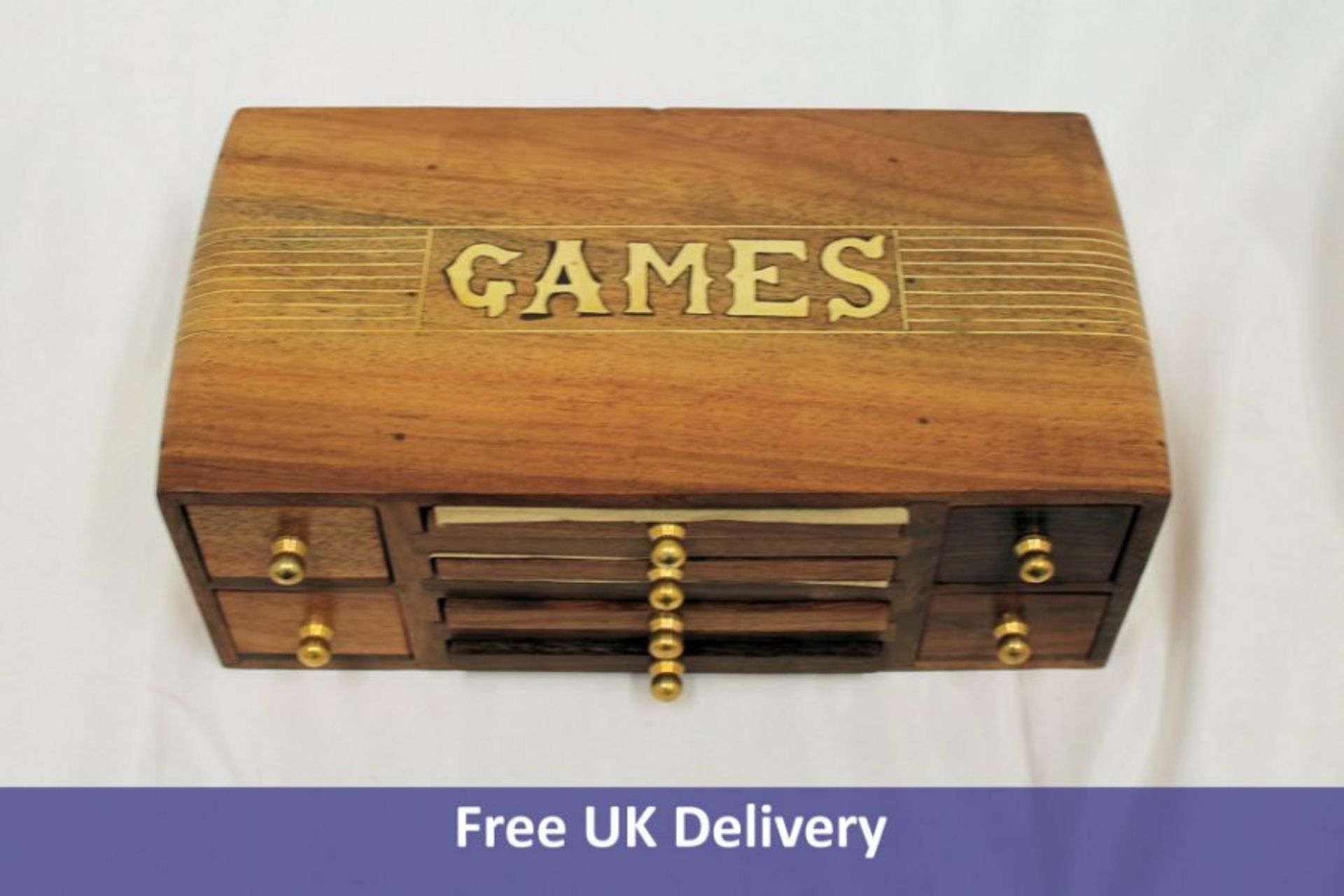 4 in 1 Multi Games Wooden Crafted Box, Tic Tac, Chess, Marbles, Dominos, Steel Balls Platter