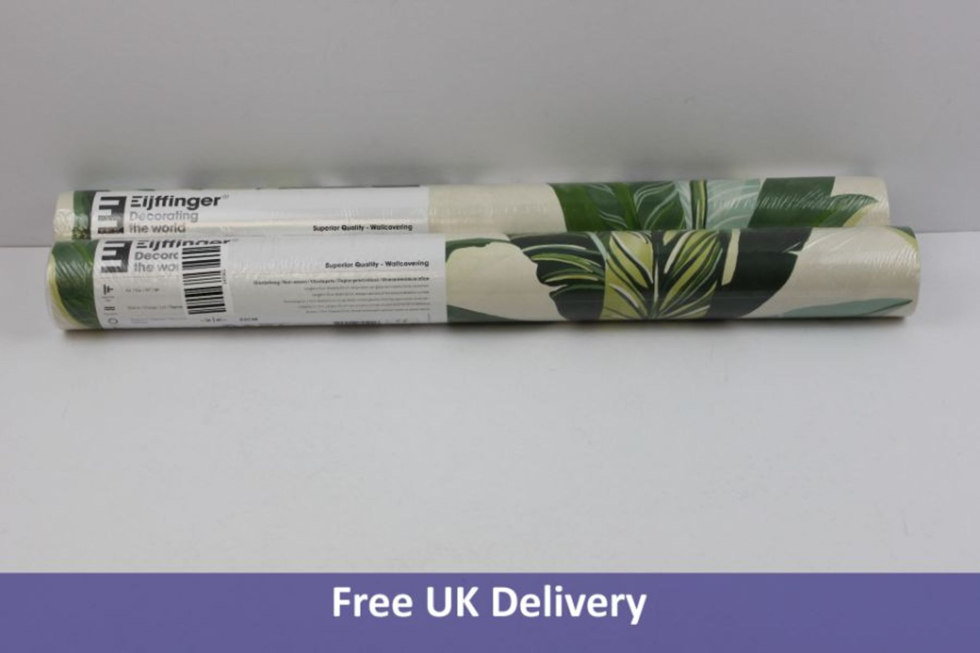 Two rolls of Eijffinger Vivid Banana Leaves Wallpaper, Green and White. 384500