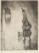 Lesser Ury. „Dame mit Pudel auf regennasser Straße (Droschke links)“. 1921