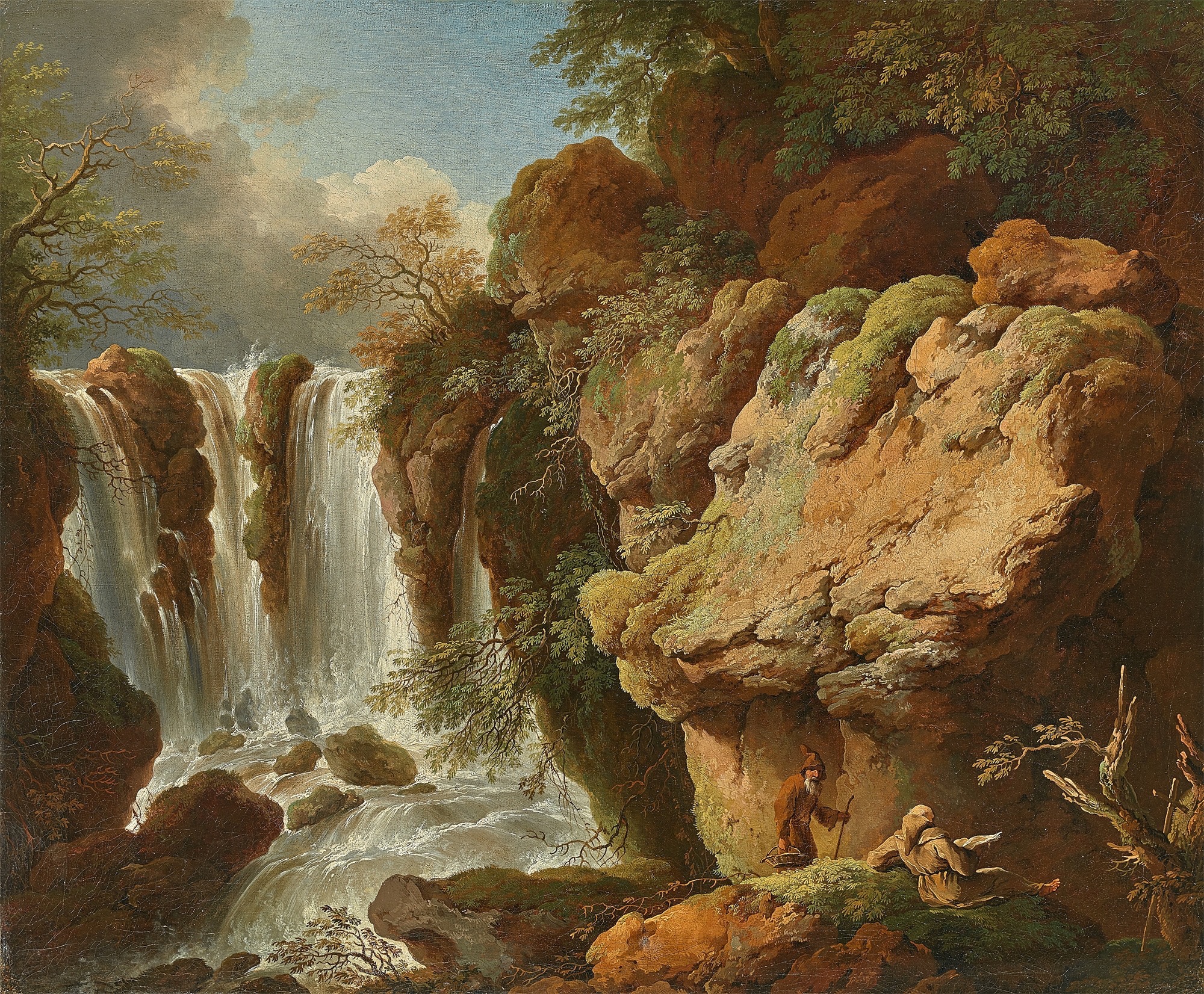 Christian Wilhelm Ernst Dietrich. Landschaft mit Wasserfall und zwei Wanderern.