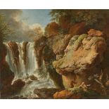 Christian Wilhelm Ernst Dietrich. Landschaft mit Wasserfall und zwei Wanderern.