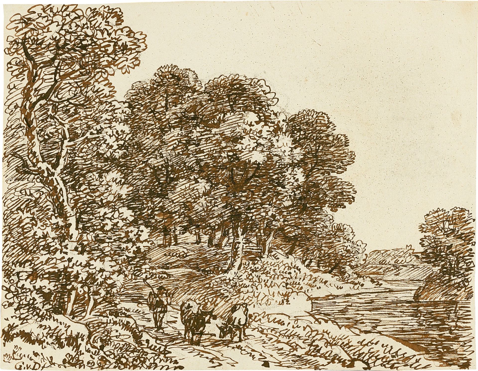 Johann Georg von Dillis. Wald-Flusslandschaft mit Herde. Um 1820