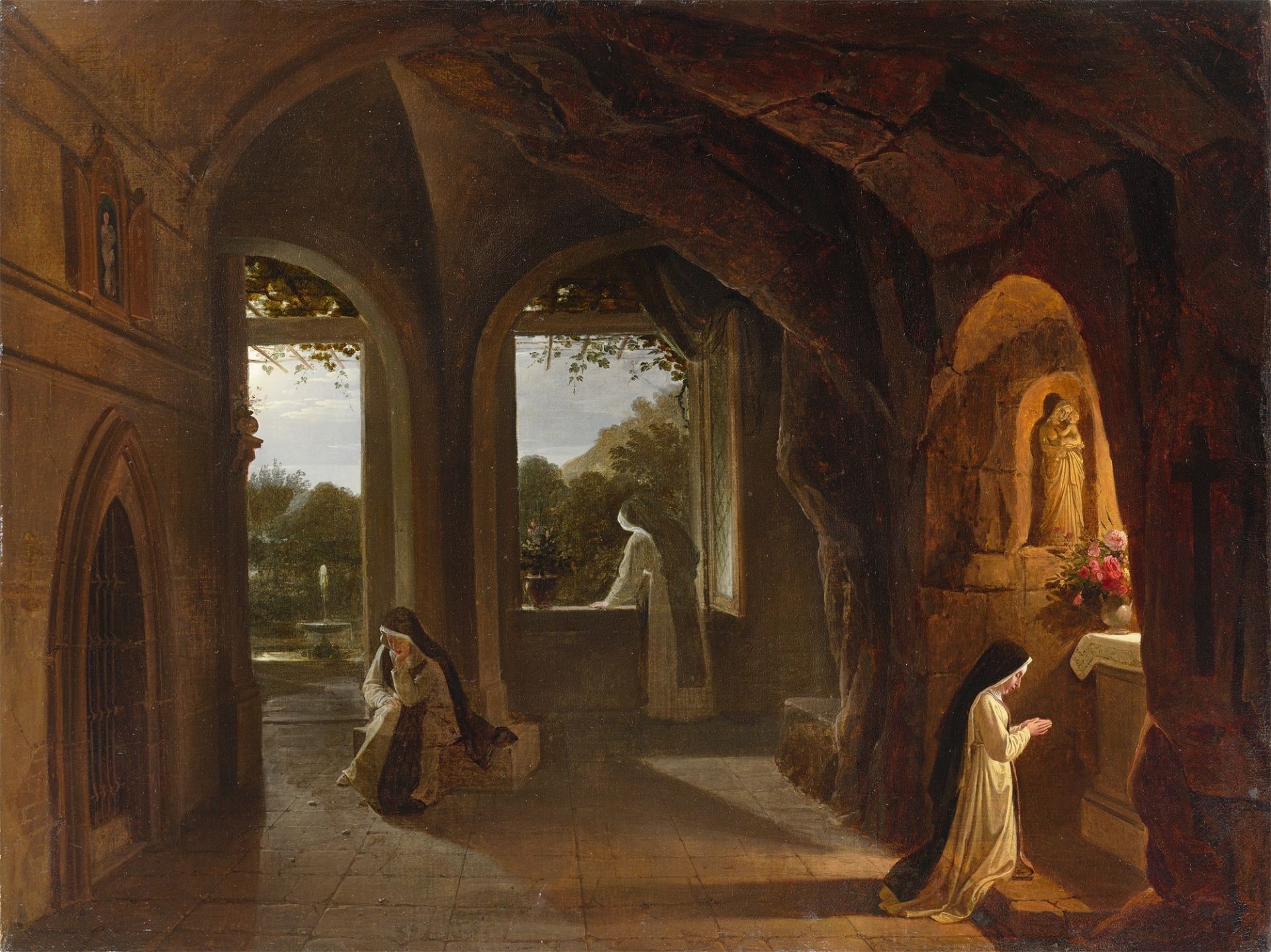 Franz Ludwig Catel. „Dominikanernonnen in einer Klosterkapelle bei Nacht mit Blick in e…. Um 1820/24
