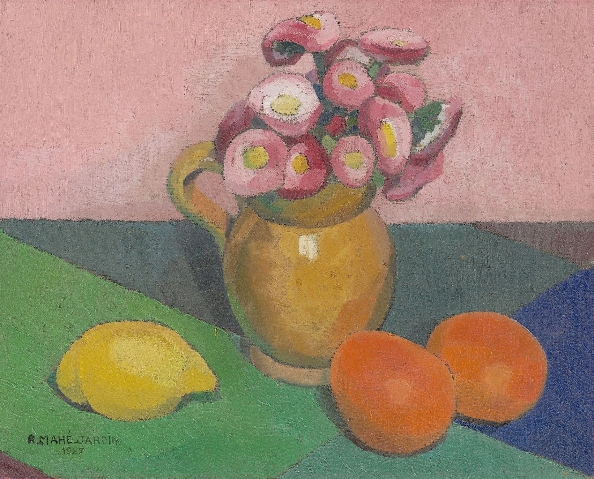 R. Mahé-Jardin. Stillleben mit Tausendschön, Zitrone und Orangen. 1927