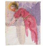 Emil Nolde. „Stehende nach links gebeugte Frau in rotem Kleid mit ausgestreckten Armen“. Um 1916/20