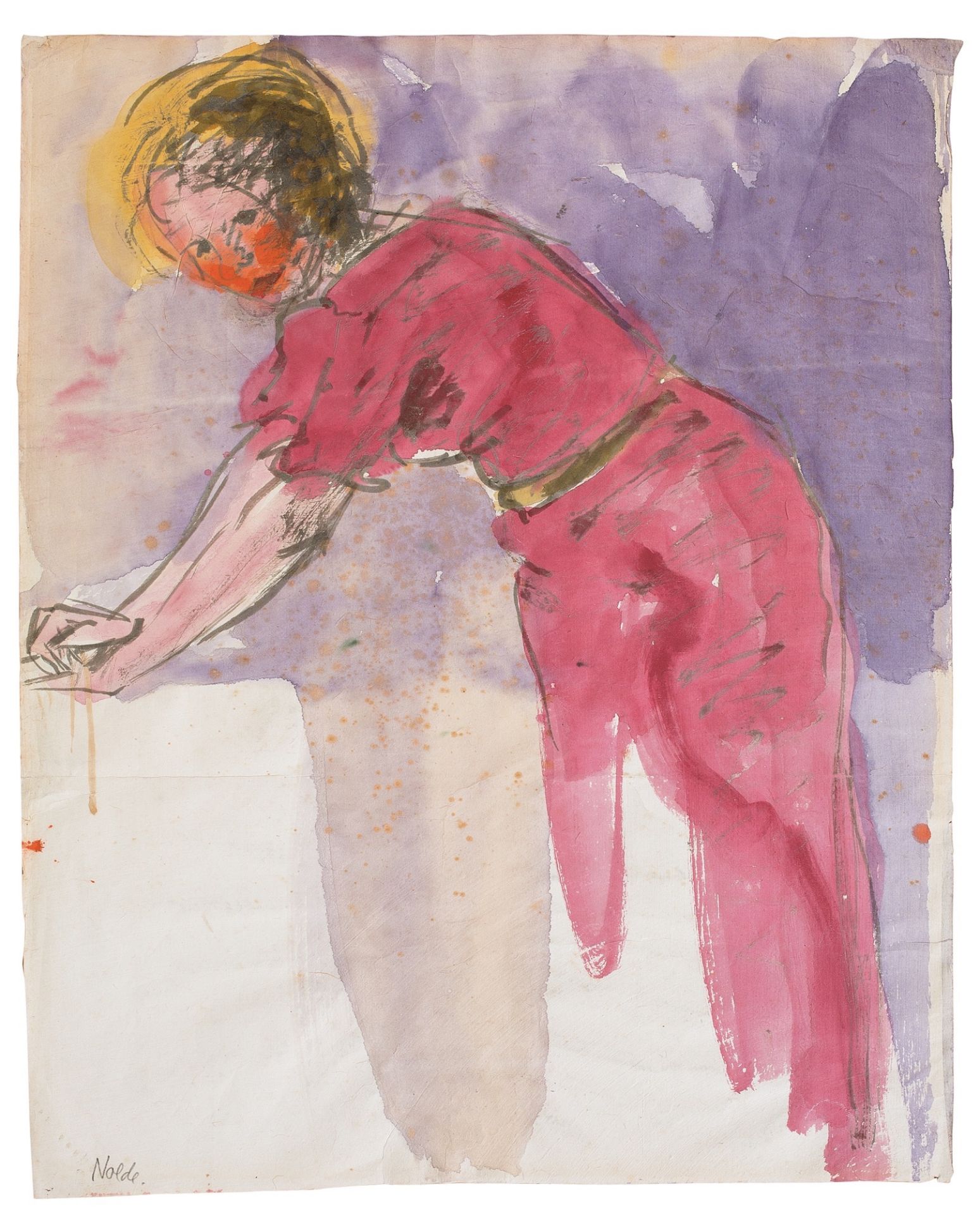 Emil Nolde. „Stehende nach links gebeugte Frau in rotem Kleid mit ausgestreckten Armen“. Um 1916/20