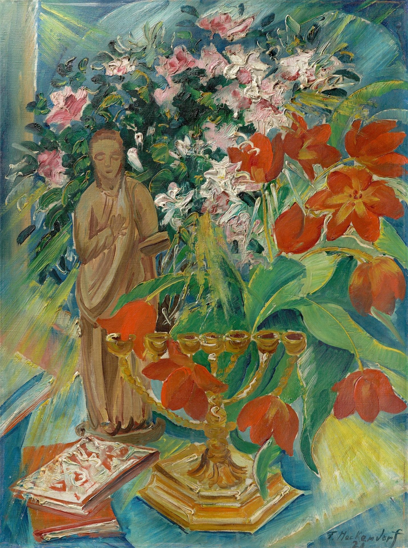 Franz Heckendorf. Blumenstilleben mit Menora und Figur. 1920