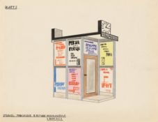 Walter Dexel. ”Farbskizze für eine 8seitige Anschlagsäule mit Telefonzelle und Uhr”. 1928