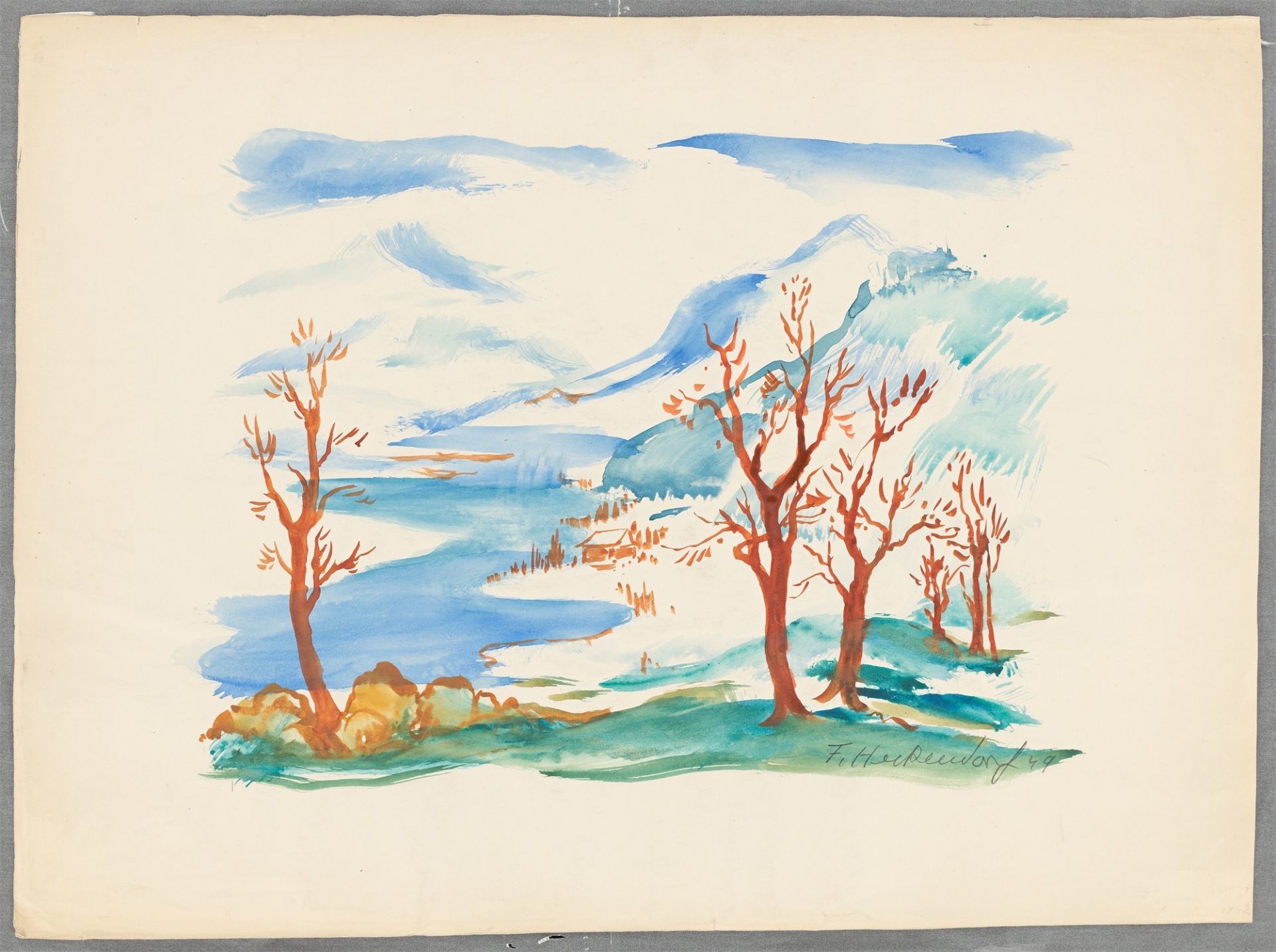 Franz Heckendorf. Berglandschaft mit See und Bäumen / Auf dem Weg. 1951 / 1949 - Bild 6 aus 7