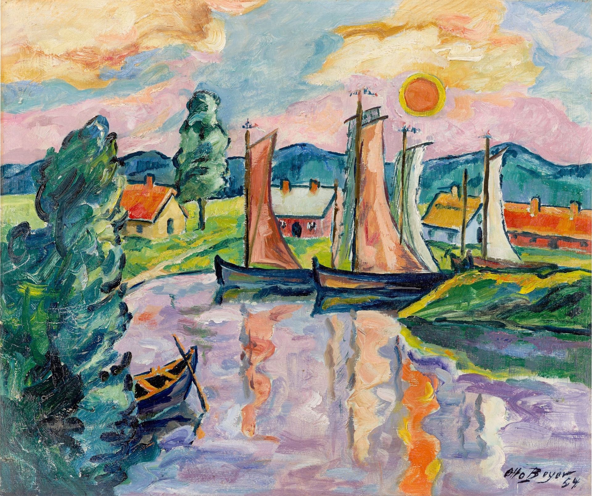 Otto Beyer. „Kleiner Fischerhafen im Sonnenuntergang“. 1954