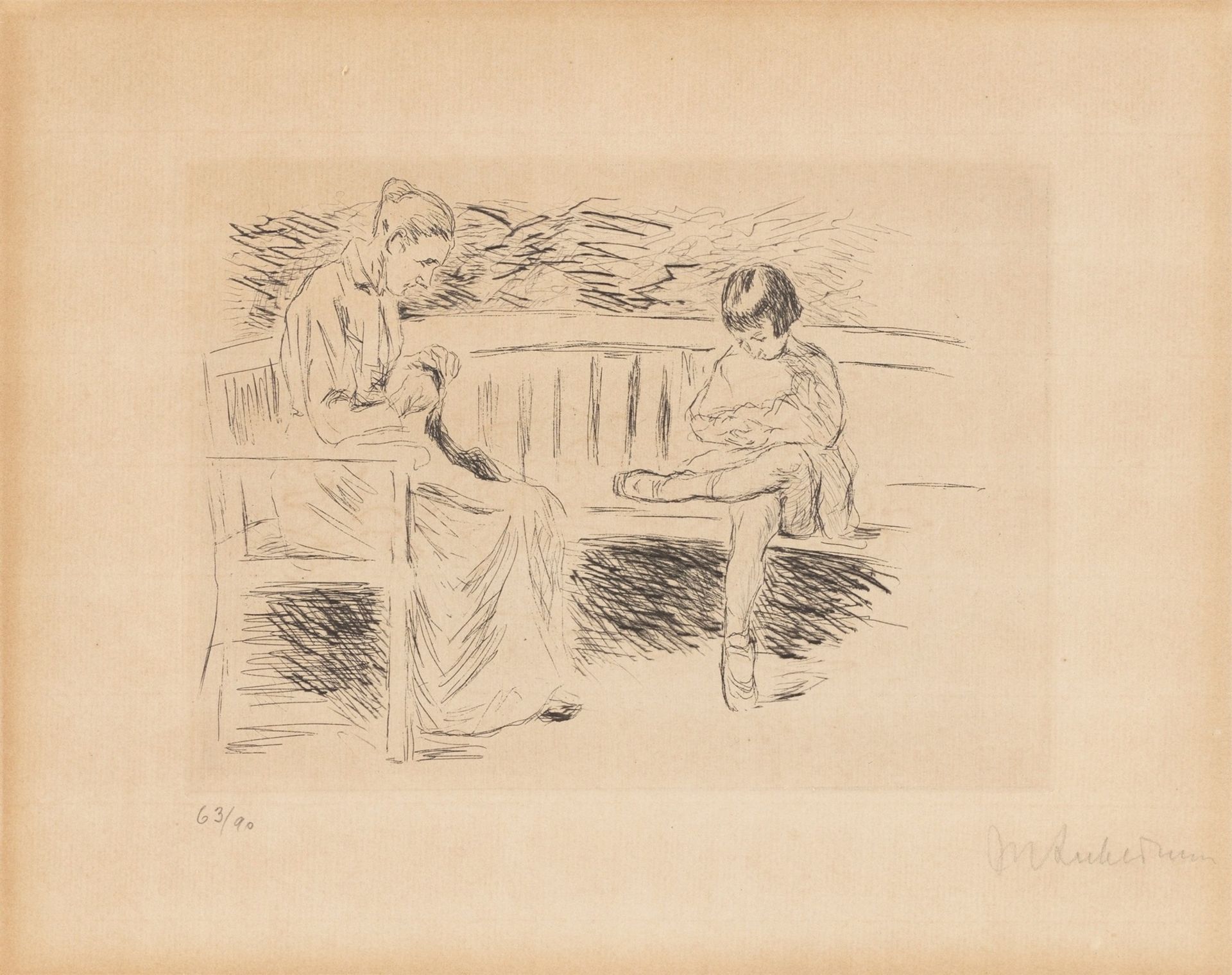 Max Liebermann. „Wärterin mit Kind auf einer Gartenbank“. 1923