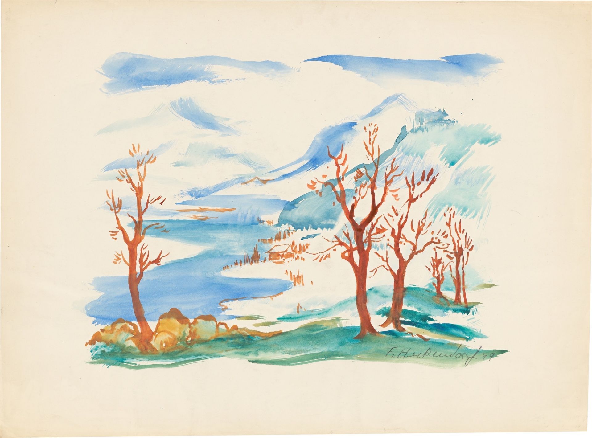 Franz Heckendorf. Berglandschaft mit See und Bäumen / Auf dem Weg. 1951 / 1949 - Bild 5 aus 7