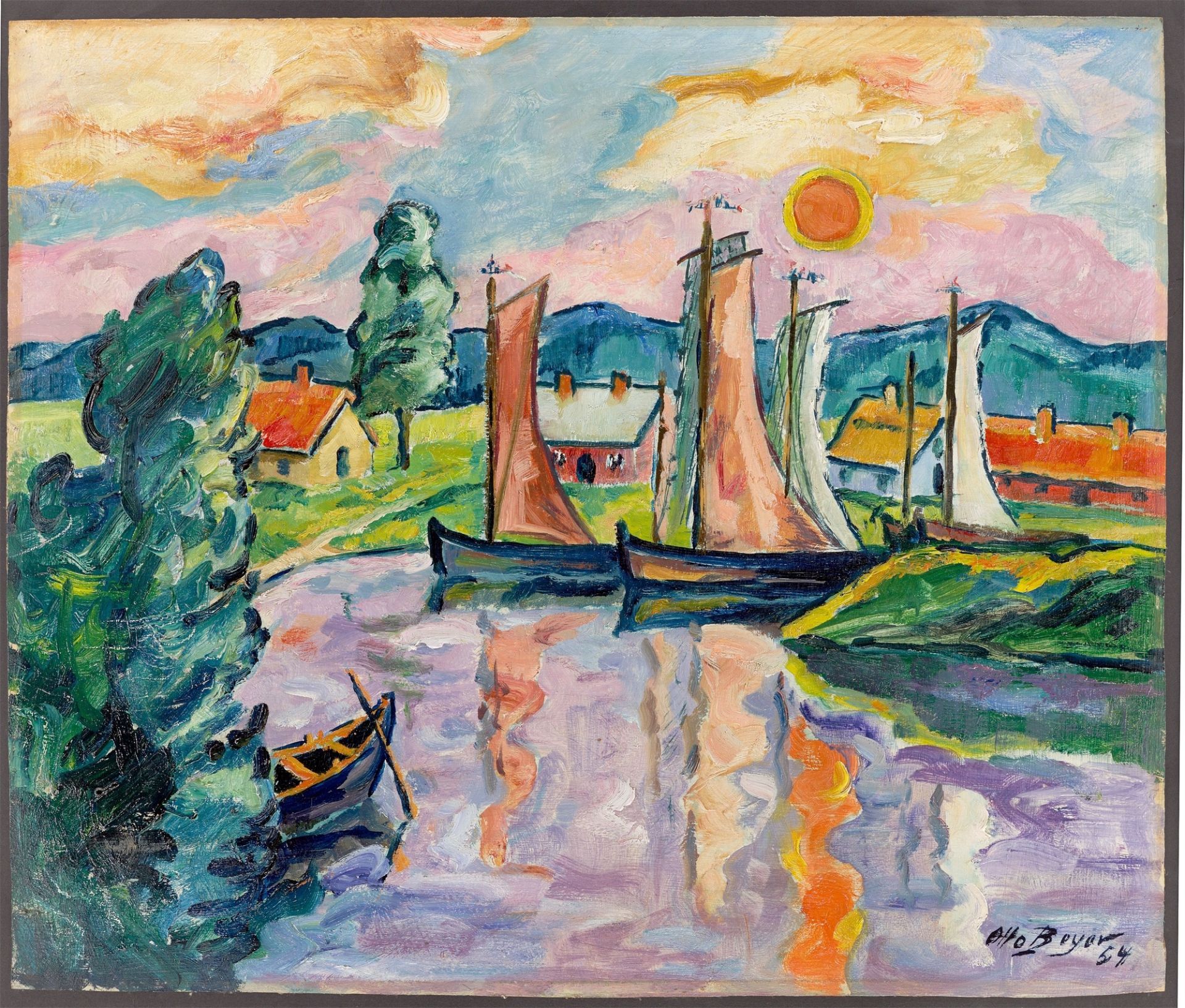 Otto Beyer. „Kleiner Fischerhafen im Sonnenuntergang“. 1954 - Bild 2 aus 4