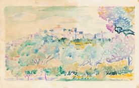 Henri Edmond Cross. Southern landscape with olive grove and small town on a hill. 1908
