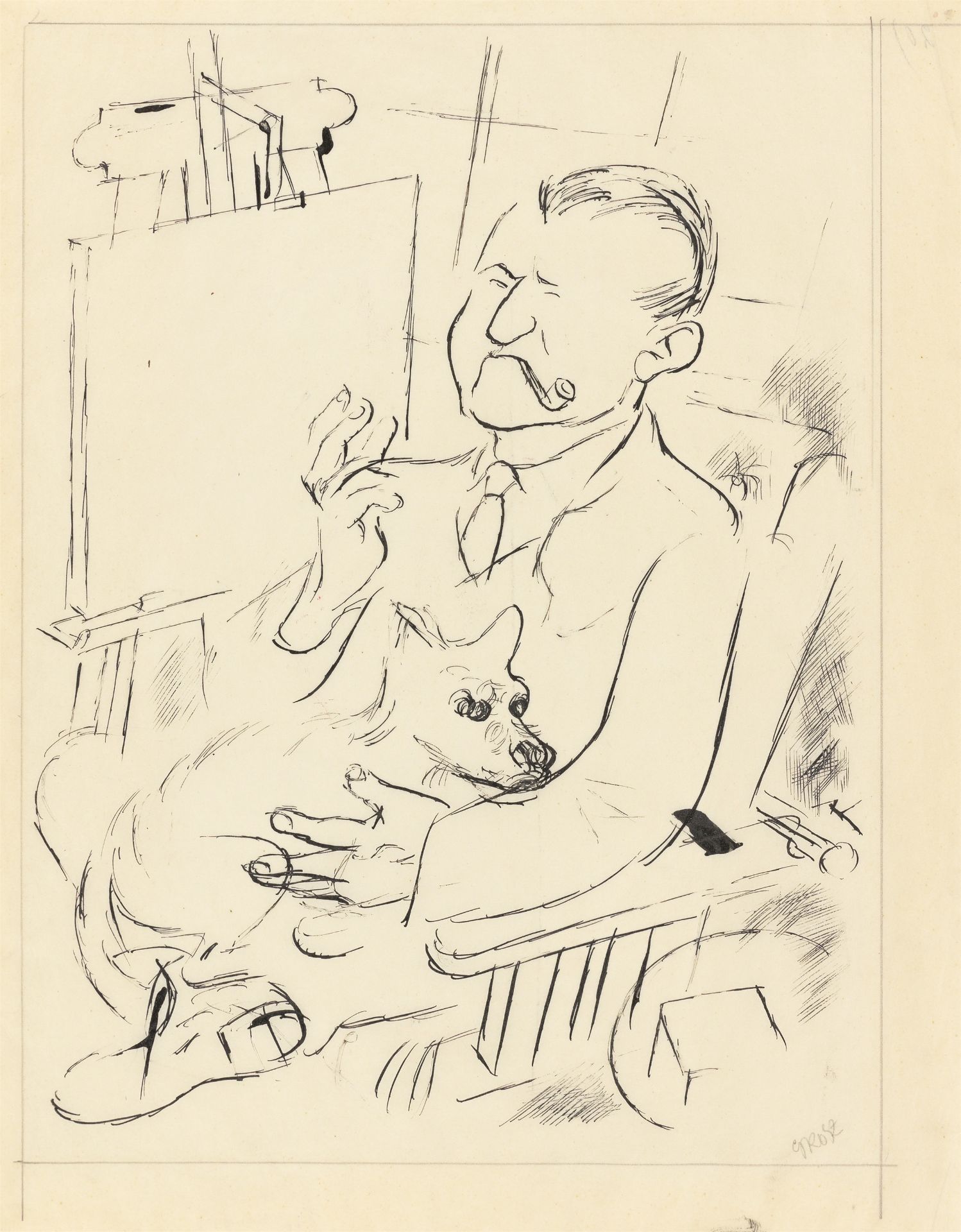 George Grosz. „Selbstbildnis mit Hund vor Stafflelei“. 1926