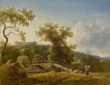 Johann Christian Klengel. ”Landschaft mit Steg: Links ein knorriger Baum hinter einem F…. Circa 1780