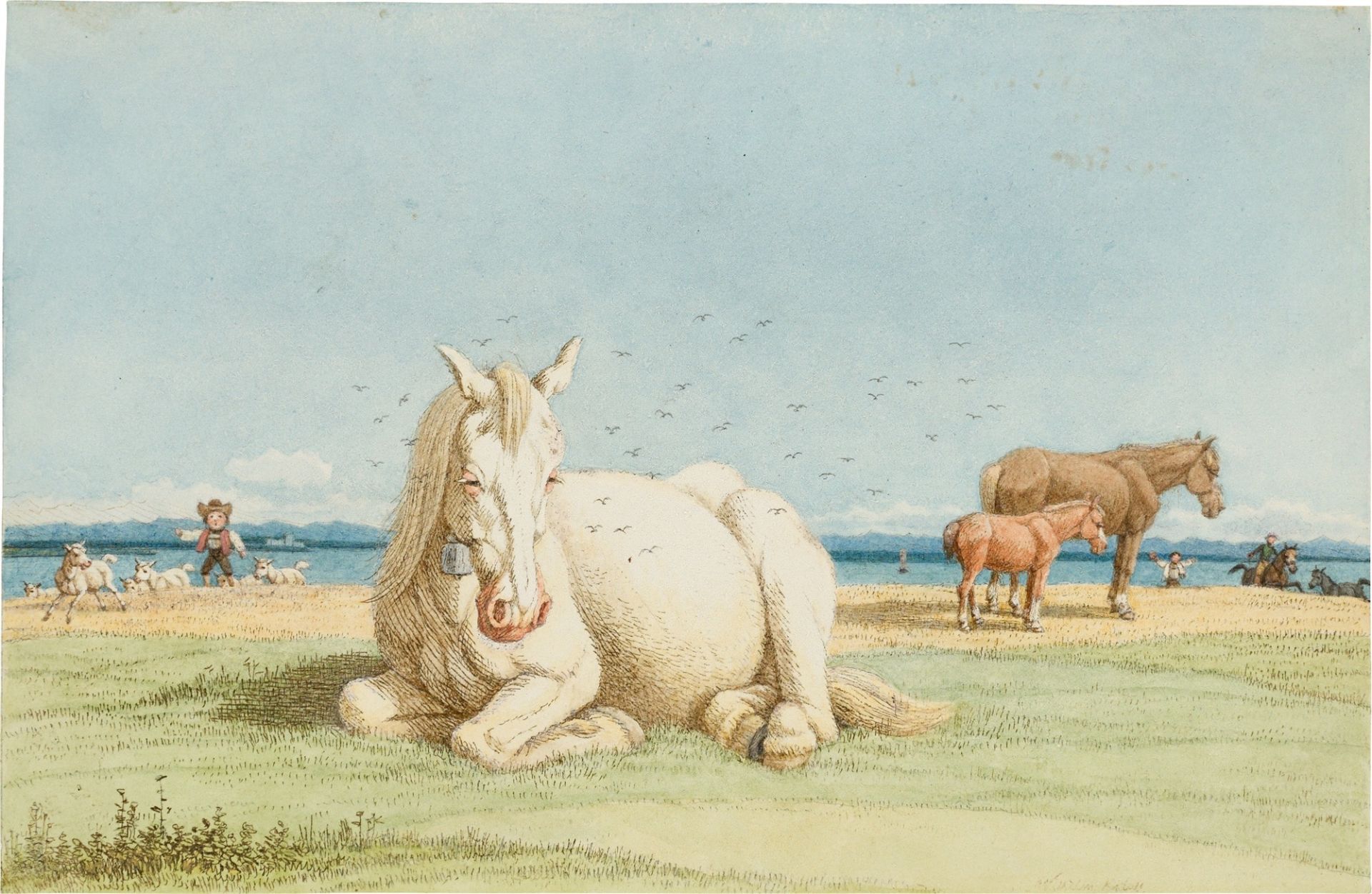 Wilhelm von Kobell. Liegendes Pferd auf der Weide. Um 1819