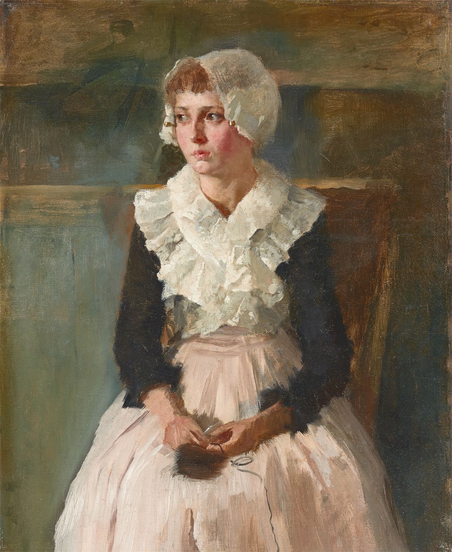 Carl Bantzer. Porträt der Gattin Claire Bantzer in holländischer Tracht. Um 1885