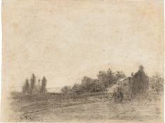 Camille Pissarro. Landschaft mit Pferdefuhrwerk und Bauernhaus. Um 1855/60