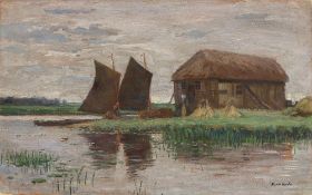 Hans am Ende. Marsh cottage with boats. Circa 1896