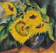 Adolf de Haer. Sunflowers in blue vase. Circa 1920