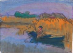 Emil Nolde. „Landschaft mit einem Bauerngehöft und einem Mann im Boot“. Um 1925–30