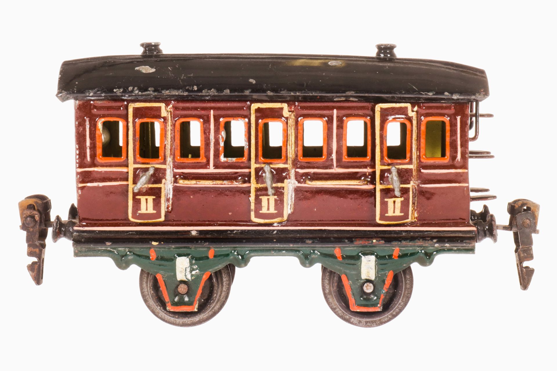 Märklin Abteilwagen 1856, S 0, uralt, rotbraun, handlackiert, mit Inneneinrichtung und 6 AT, Lacksch