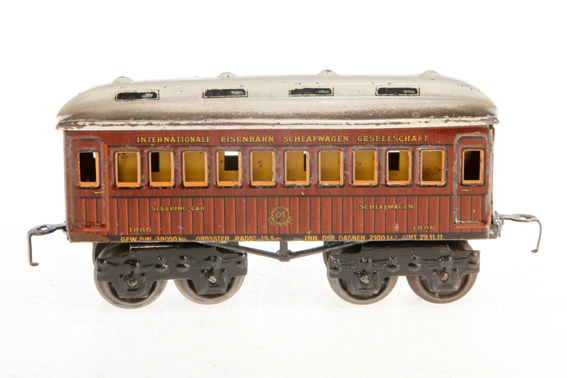 Märklin int. Schlafwagen 1888, S 0, Chromlithographie, mit Inneneinrichtung, Lackschäden, L 16,5, Z 