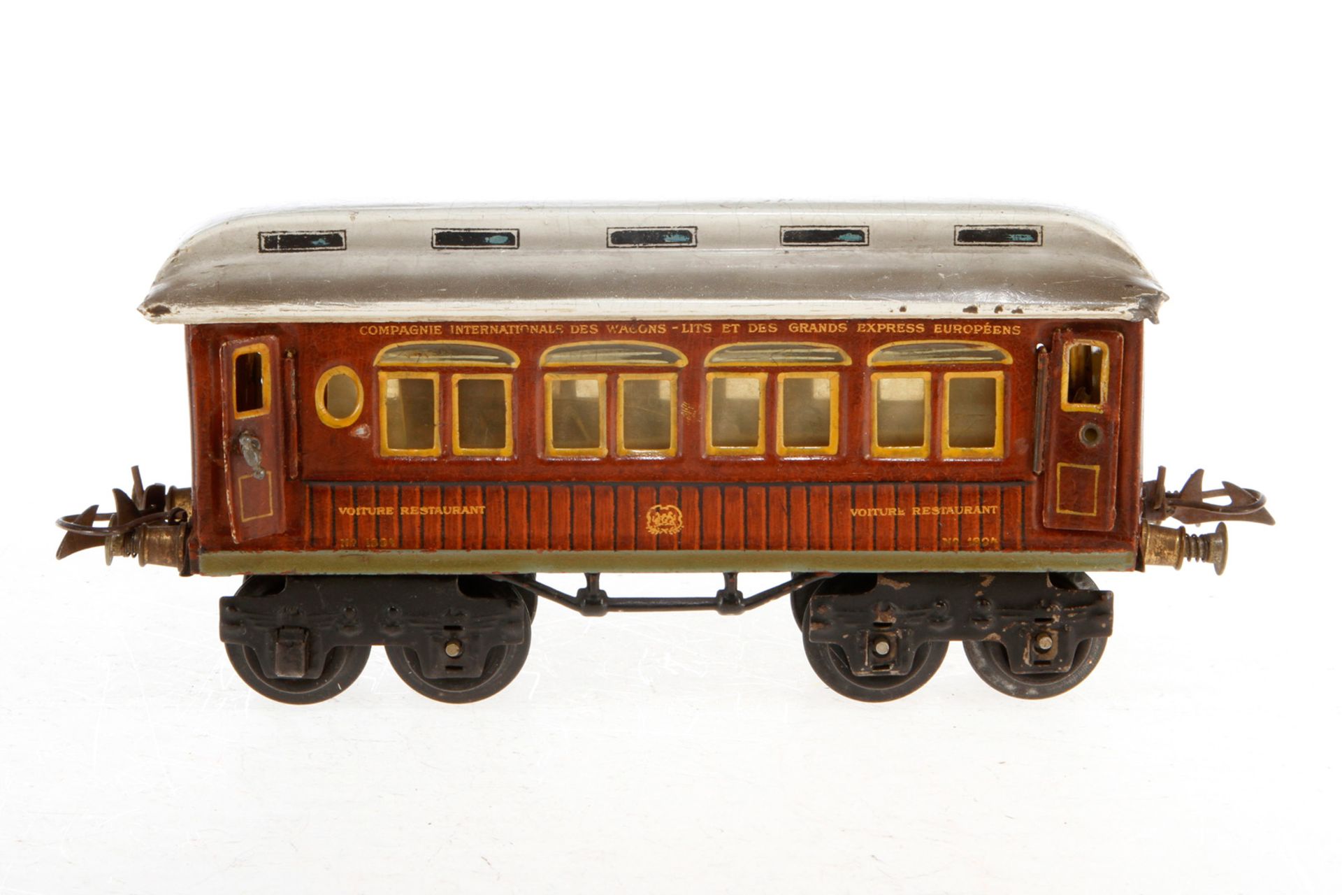 Märklin int. Speisewagen 1894, S 0, handlackiert, mit Inneneinrichtungsteil und 4 AT, nicht vollstän