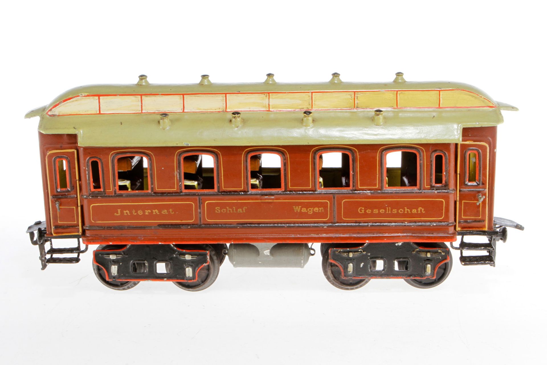 Märklin int. Schlafwagen 1843, S 2, uralt, braun, handlackiert, mit Inneneinrichtung, 4 AT und 2 Gas